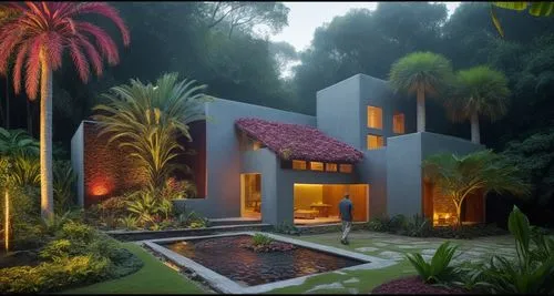 EL EXTERIOR DE UNA CASA CON ESTILO MEXCANO MODERNO, USO DE COLORES VIBRANTES, MATERIALES REFIONALES, TEJA, VIGAS DE MADERA, EN UN AMBIENTE EXUBERANTE, ESTANQUE DE AGUA AL FRENTE, PROPORCION, EXCELENTE