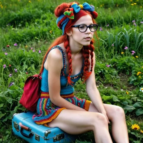  bizarre little hippie girl from the 60's individual, has messy red braids with colorful knitted bows and large glasses, she wears long hippie pants, a very very short colorful sleeveless shirt, wears
