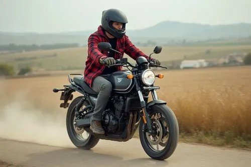 Honda NC750x, production year 2023, Mat Jeans Blue Metallic color, rides along a dusty road between fields. Driver is a slim european 35-years-old man with black hair and short beard, he wear a open m