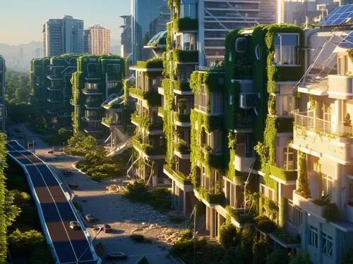 A hyperrealistic, cinematic depiction of a futuristic megacity at sunset. Sleek, towering skyscrapers with integrated green spaces and solar panels.  High-speed maglev trains seamlessly weave through 