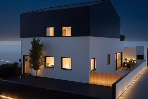 LEDS, MINIMALIST , BLACK ROOF, BLACK WALL,a house is illuminated by lights in front of it,modern house,modern architecture,dreamhouse,cubic house,dunes house,cube house,house silhouette,fresnaye,homeb