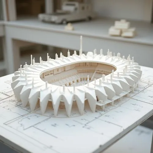 model making of modern futuristic stadium made all from white material, top video, the model on the table with architecture drawings , stright line style, designed by norman fosterm the model is uncom