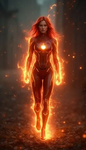 Super realistic high definition female version of the Marvel Human Torch character,the superhero girl in fire with a glowing orb of light,fiery,firestar,flamebird,fire angel,pyromaniac,fire background