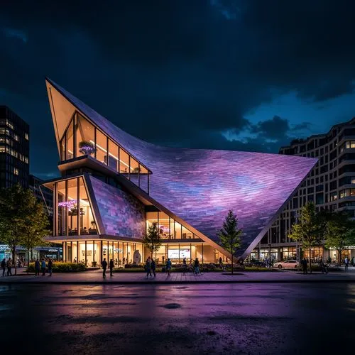 Glowing concert house, sleek modernist facade, angular lines, metallic surfaces, cantilevered structures, floor-to-ceiling windows, minimalist ornamentation, industrial materials, exposed ductwork, ne