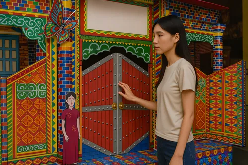 a woman in white shirt pointing at the side of a colorful wall,oriental girl,wooden door,girl in a historic way,painted block wall,oriental painting,wall painting,mosaics,doorway,garden door,tiled wal