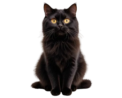 black wallpaper, solo, cute black cat, whiskers, bright eyes, fluffy fur, sitting, front legs folded, back legs stretched out, shiny coat, soft texture, warm lighting, cinematic composition, 3/4 view,