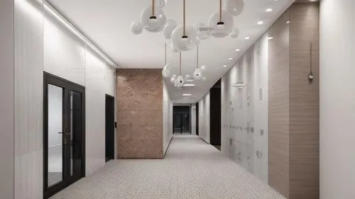 minimalist lobby, modern , concrete, terrazzo , glass cladding ,a long corridor with hanging lights and chandelier,hallway space,hallway,walk-in closet,ceiling lighting,corridor,corridors,ceiling cons