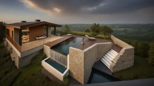 there is a house on the hill side with a pool in front of it,dunes house,modern house,cubic house,cube house,render,roof landscape,cantilevers,renders,luxury property,cube stilt houses,modern architec