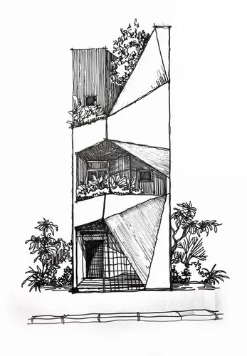 abala,a black and white sketch of a building with several rooms, two floors and one balcony,cantilevers,cubic house,cantilevered,corbu,seidler,archigram,rietveld,bunshaft,sketchup,frame house