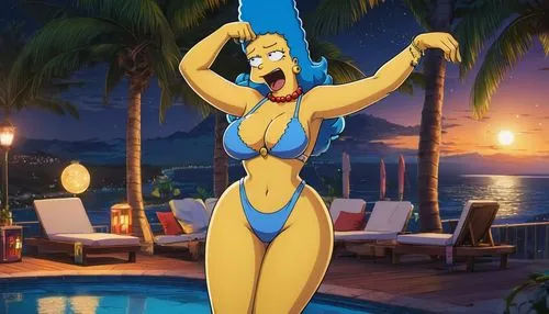 illustration cartoon, beauty pin up girl, character Marge simpson, curvy body, huge chest big hips, tattoos body clothes bikini tight, standing pose whole body, background pool night party.,homer simp