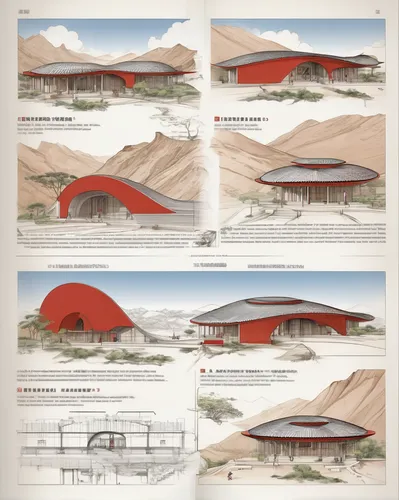 architectural plan for a building of (Song dynasty:1.2), red walls, round waving shape, (Tadao Ando style: 1.3), inspired by Zha Shibiao, conceptual art, rammed earth courtyard, buddhist architecture