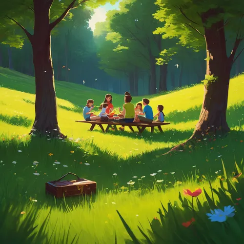 Write a heartwarming story about a family enjoying a sunny picnik in a lush meadow.,picnic,wooden bench,kids illustration,park bench,bench,benches,idyllic,summer day,game illustration,children's backg