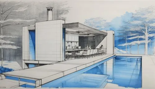 this drawing depicts a house with an open swimming pool,fallingwater,mies,bunshaft,corbu,neutra,lubetkin,docomomo,aqua studio,renderings,mid century house,corbusier,unbuilt,mid century modern,archidai