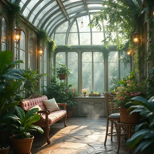 Unique greenhouse interior, heliotrope color scheme, pastel pink accents, lush greenery, exotic plants, delicate vines crawling up glass walls, wooden planters with ornate carvings, softbox lighting, 