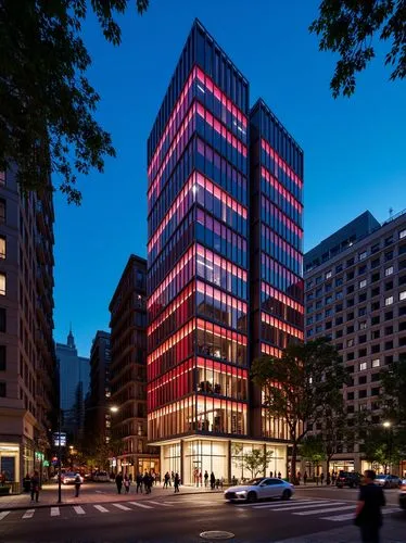 cinematic photo High tech architectural style,High-tech architecture,glass facade,steel structure,red LED lights,night time,city street,urban environment,high-rise,symmetrical design,illuminated,futur