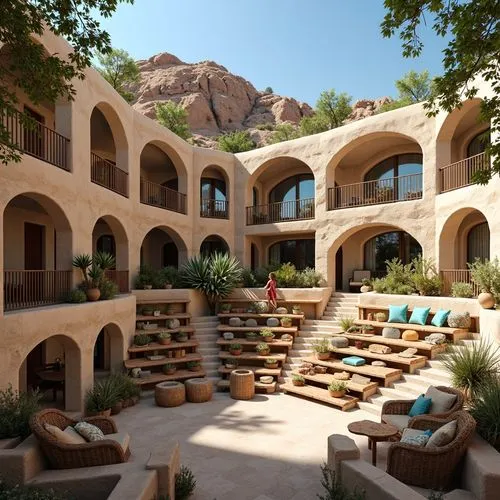 Southwestern amphitheater, tiered seating arrangement, vibrant turquoise accents, natural stone walls, wooden benches with intricate carvings, cozy throw blankets, desert landscape, cactus plants, war