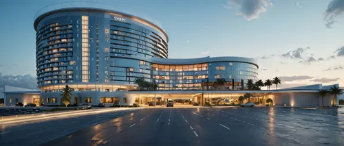 photo realistic render, bright blue day sky,a large building surrounded by palm trees on top of a highway,luxury hotel,hotel riviera,hotel complex,pan pacific hotel,dragon palace hotel,penthouses,crow
