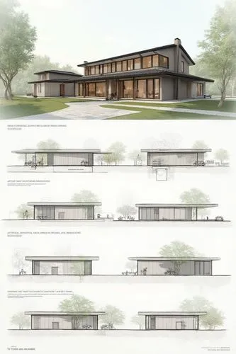 an architectural presentation board of an artist's residence design with floor plans, views perspectives 3D renders and texts in a neatly composed sheet with space and balanced formatted graphics

,an