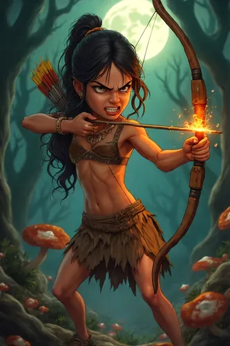 a woman holding a glowing bow and arrow,moana,polynesian girl,inara,apayao,mowgli,aravan,kateri,polynesian,pocahontas,menehune,zarina,hula,yanomami,zira,shakuntala,satyavan,kshetra,tarzan,huaorani,kal