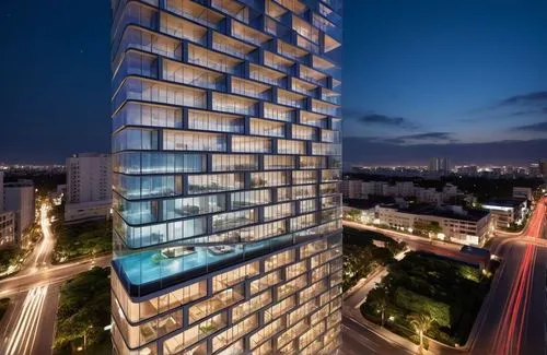 A winning award  rendering of a modern, high-rise building with a glass facade, situated in the middle of a city street. the building is a tall, rectangular structure with multiple floors, with curvy 