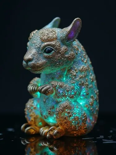 mystic space netsuke , surreal bio-luminescent highlights with inlayed metallic accents




















,a small rabbit sculpture is glowing blue and green,color rat,dichroic,rainbow rabbit,genuin