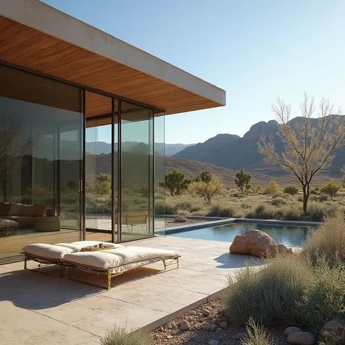 Close-up of a Glass Oasis Retreats
bungalow in the desert of Utah with a rocket laubcg side in the far backdrop, stunning glass-walled retreats harmonizing nature with modern elegance.,an outdoor livi
