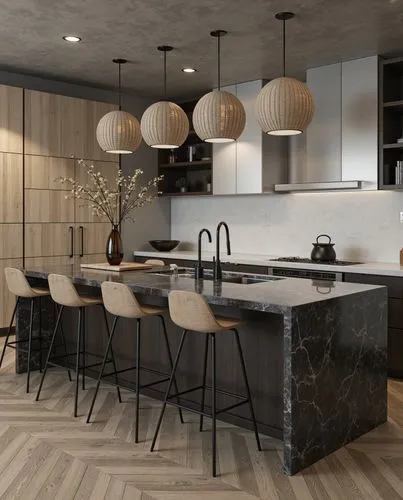a kitchen with two island lights and lots of counter space,kitchen design,modern kitchen interior,tile kitchen,modern kitchen,limewood,modern minimalist kitchen,dark cabinets,countertops,gaggenau,hovn