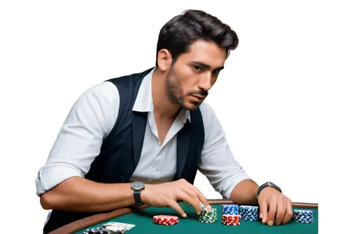 Casual man, poker player, serious facial expression, short black hair, brown eyes, slight beard, white shirt, black vest, silver watch, poker chips in front, playing cards in hand, leaning forward, di