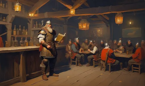 Game Scene Design, a viking drinking mead and reading aloud to a pub full of people,tavern,rathauskeller,pub,drinking establishment,the pied piper of hamelin,unique bar,the production of the beer,bell