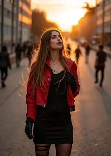 A striking full-body photograph of a beautiful 23-year-old Caucasian woman, with long brown hair cascading to her shoulders, dressed in a black dress with a neckline and a bold red leather jacket, com