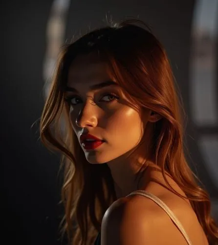 a close up of a beautiful young caucasian woman 23 years old, long brown hair, brown eyes red lips, wearing a elegant black dress, she is sitting in a seat in a teather, she is looking back, turning h
