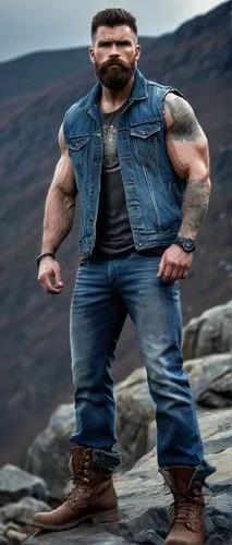 Muscular man, Knuckles McGinty, rugged facial features, intense gaze, messy brown hair, thick beard, tattooed arms, sleeveless denim jacket, ripped blue jeans, heavy boots, standing, mountainous backg