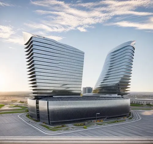 aerial view,distant shot,office building mid rise,commercial building complex,Curved style,Futuristic style,norman foster style,,modern facade,vertical frame,streets,plaza,commercial atmosphere,sidewa