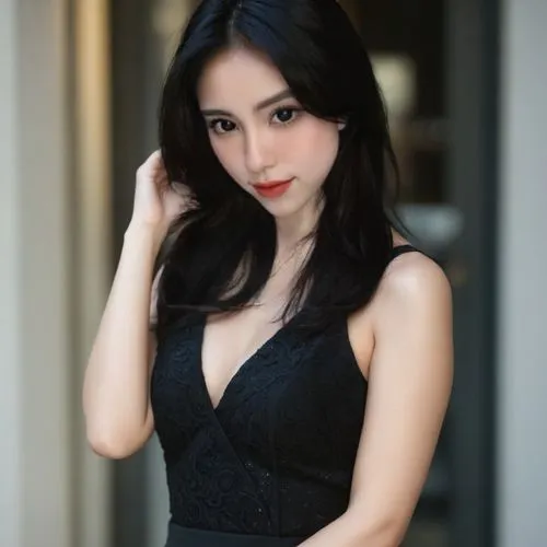 woman wearing black dress standing near door with red lip,pakorn,vietnamese woman,vietnamese,nurfaizi,kaew chao chom,suciwati
