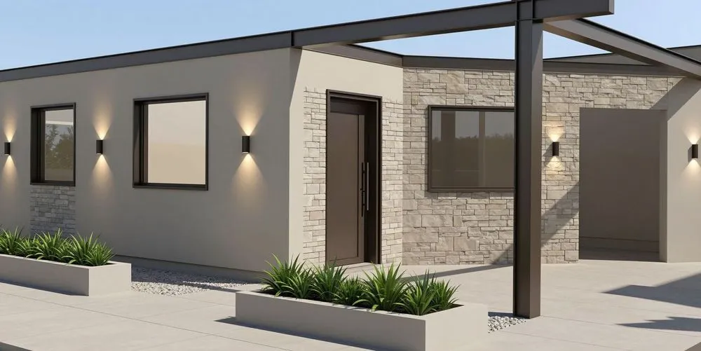 a picture of a small house in the evening