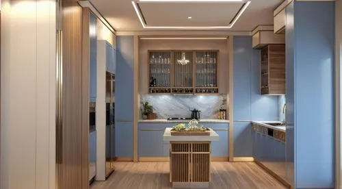 A modern neoclassical kitchen with a luxurious design and a light blue color scheme. At the center of the kitchen, a built-in stovetop is placed on the counter. To the right, there is a sink and a tal