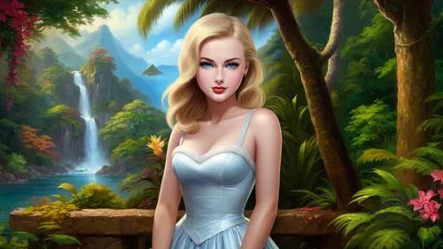Romantic masterpiece oil painting, beautiful girl portrait, nostalgic 1950's style kitsch, vibrant rainforest, mountaintop landscape, lush tropical jungle paradise, beautiful natural scenery, by Thoma