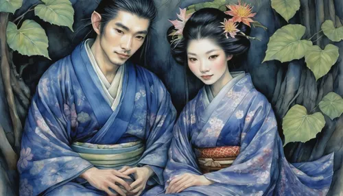 Yukata couple,young couple,oriental painting,japanese art,kimono fabric,chinese art,plum blossoms,kimonos,romantic portrait,beautiful couple,korean culture,couple,japanese culture,wedding couple,geish