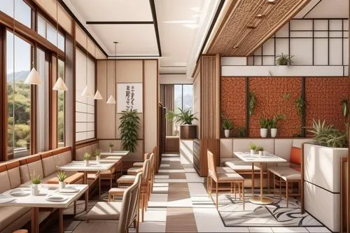 restaurant, warm bright colors, plates on the walls of different diameters, bright mosaics on the walls, parquet floors, Japanese style, marble bar counter, sun outside the window, plants, warm light,