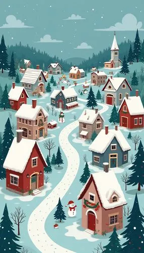 a Christmas small-town scene, with a bustling community nestled amidst a snowy landscape. The houses, churches, and other buildings are rendered in a charming, whimsical style, their roofs and facades