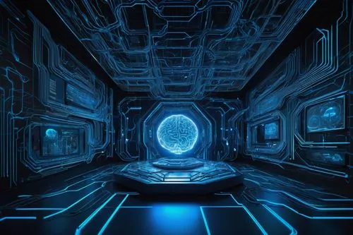 "Multidimensional coding architecture, neural network, futuristic laboratory, holographic display, intricate circuits, glowing blue lines, complex algorithms, data visualization, 3D brain model, vagal
