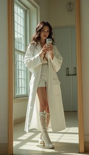 The young woman with a sophisticated engineering background, clad in a white lab coat, stands in the corner of the high school campus, capturing a selfie in a full-length mirror. She holds a microphon