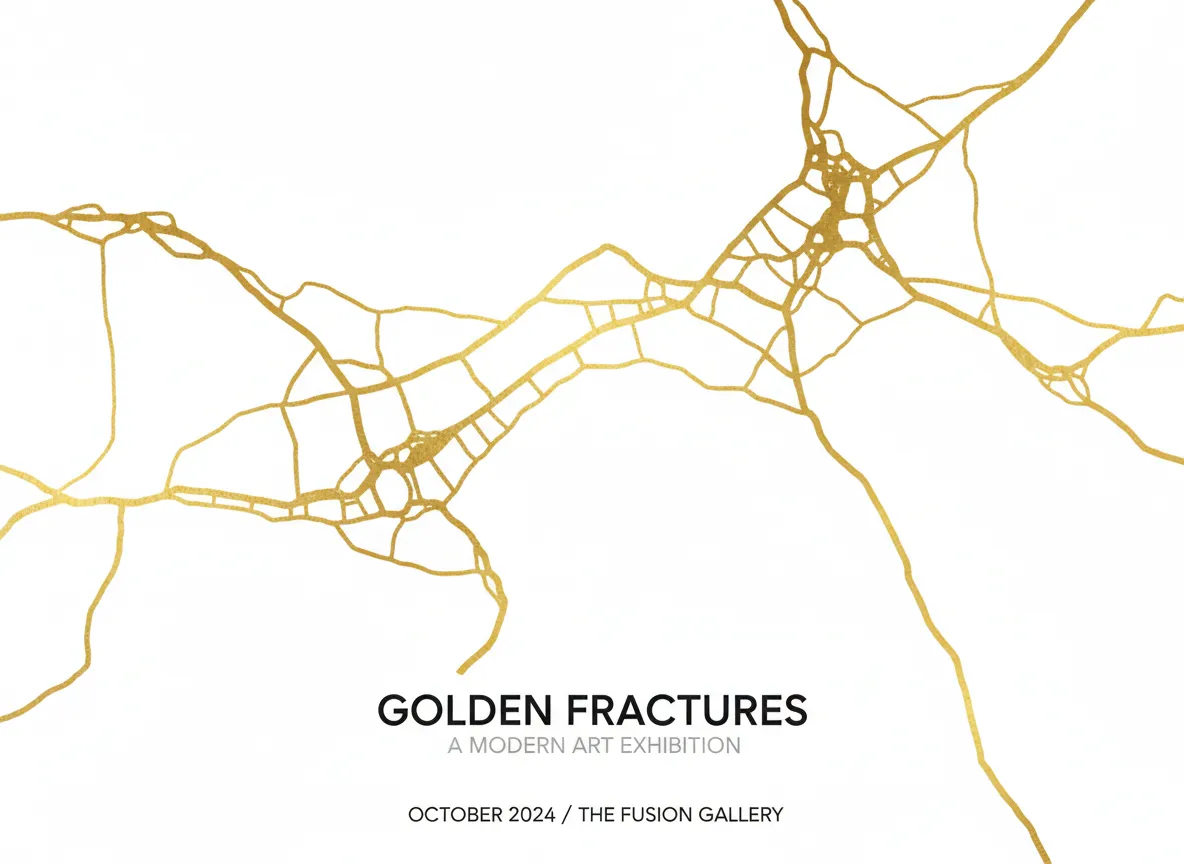 एक आधुनिक कला गैलरी का पोस्टर जिसमें एक मिनिमलिस्ट डिज़ाइन है, जो एक साफ़, सफ़ेद पृष्ठभूमि पर अमूर्त किंटसुगी-प्रेरित सोने की रेखाओं को दर्शाता है।