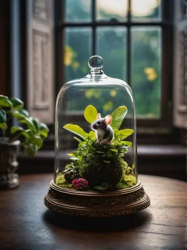 A mouse and a plant in a bell jar on a table in a Victorian room, intricate, elegant, highly detailed, extremely lush colorful, cinematic, focus, perfect composition, dramatic light, clear aesthetic, 