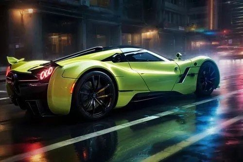 the luxury sports car on the wet street,zonda,ford gt 2020,3d car wallpaper,car wallpapers,pagani,pudiera