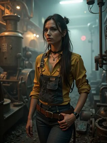 Hyper realistic and highly detailed photograph of a Beautiful steampunk woman, surrounded by a kind of steam powered machinery. She wears work clothes in steampunk style. A scene full of fog, sweat, a