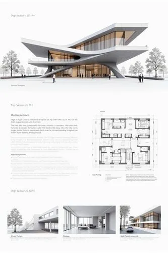 A professional architectural presentation board with a Pure background and a clean, minimalist design layout. The board includes:

Top Section: On the top left, a photorealistic render of a contempora