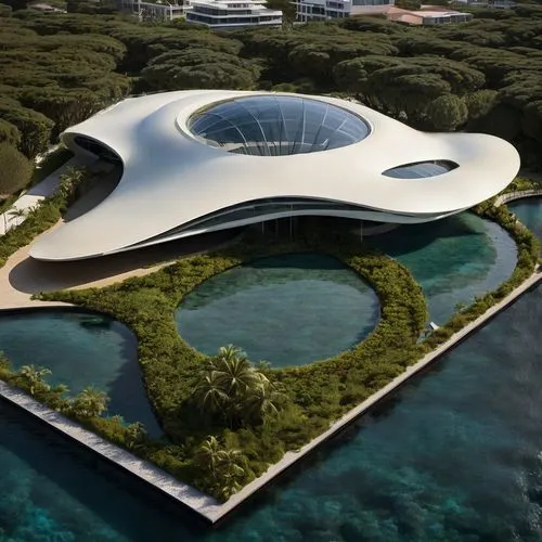 futuristic art museum,futuristic architecture,floating island,artificial island,artificial islands,futuristic landscape,ozeaneum,floating islands,eco hotel,jewelry（architecture）,sky space concept,roof