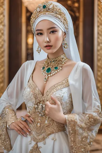 beautiful 20 year old Korean model, full body, beautiful, dress and expensive jewelry, wear hijabi, expensive low-cut dress, pouty lips, sharp-focus, very sharp, high-quality, color, unique, one image