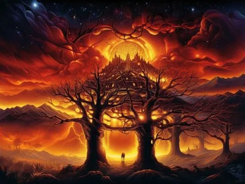 a painting that looks like the world is in flames,burning tree trunk,burning bush,infernal,fire background,fire planet,city in flames,fantasy picture,cataclysm,volcanic landscape,forest fire,scorched 